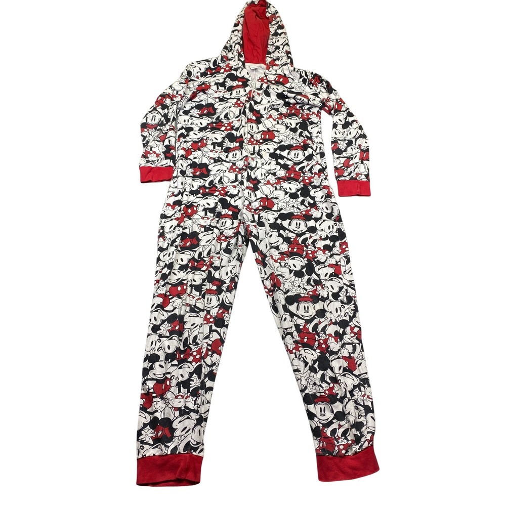 Disney Minnie Mouse All Over‎ Print Hooded Pajama Onesie Sleepwear Red Trim Sz M - Picture 1 of 11
